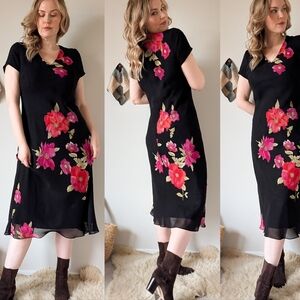 90s Bias Cut Black Floral Vintage V Neck Midi Length Dress